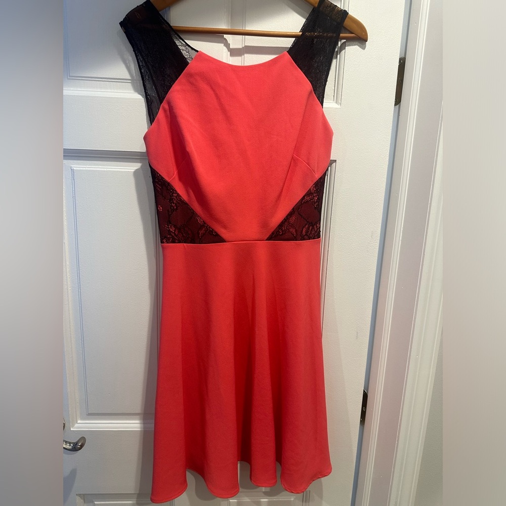 Coral and black lace trimmed Betsey Johnson party dress size 8